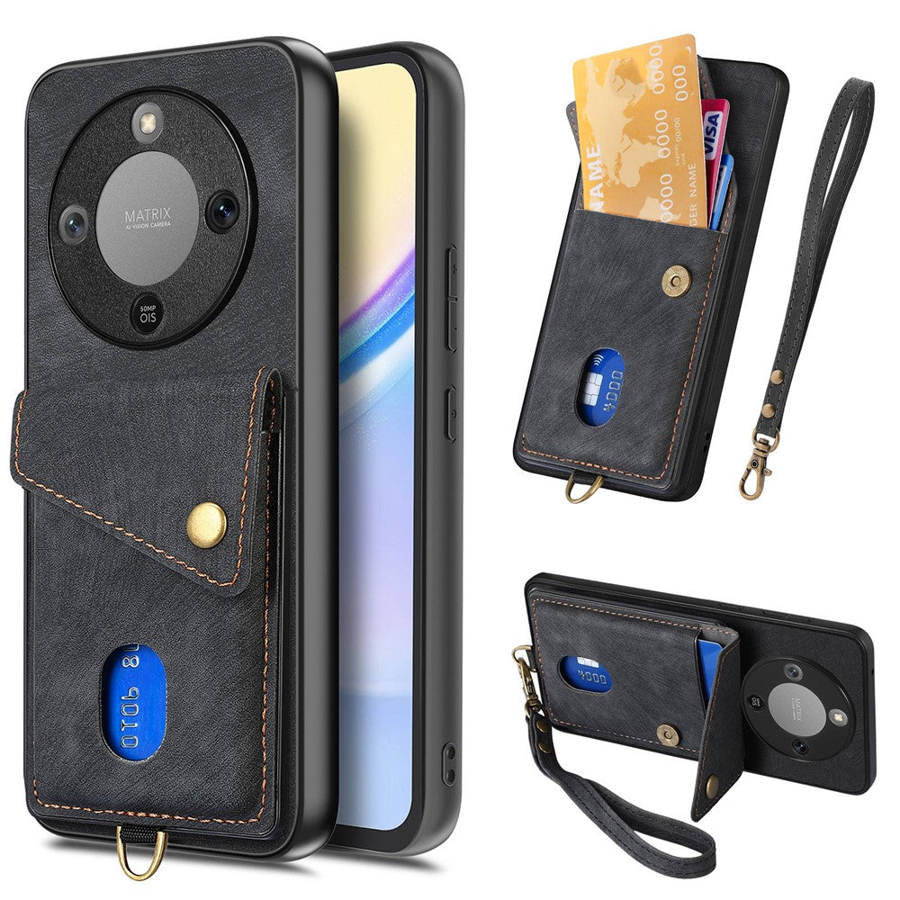 Phone Case For Honor Magic8 Lite 5G  /  X9d 5G  /  X70 5G Card Holder Kickstand Leather Back Cover with Wrist Strap