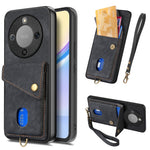 Phone Case For Honor Magic8 Lite 5G  /  X9d 5G  /  X70 5G Card Holder Kickstand Leather Back Cover with Wrist Strap