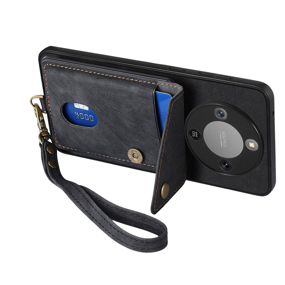 Phone Case For Honor Magic8 Lite 5G  /  X9d 5G  /  X70 5G Card Holder Kickstand Leather Back Cover with Wrist Strap