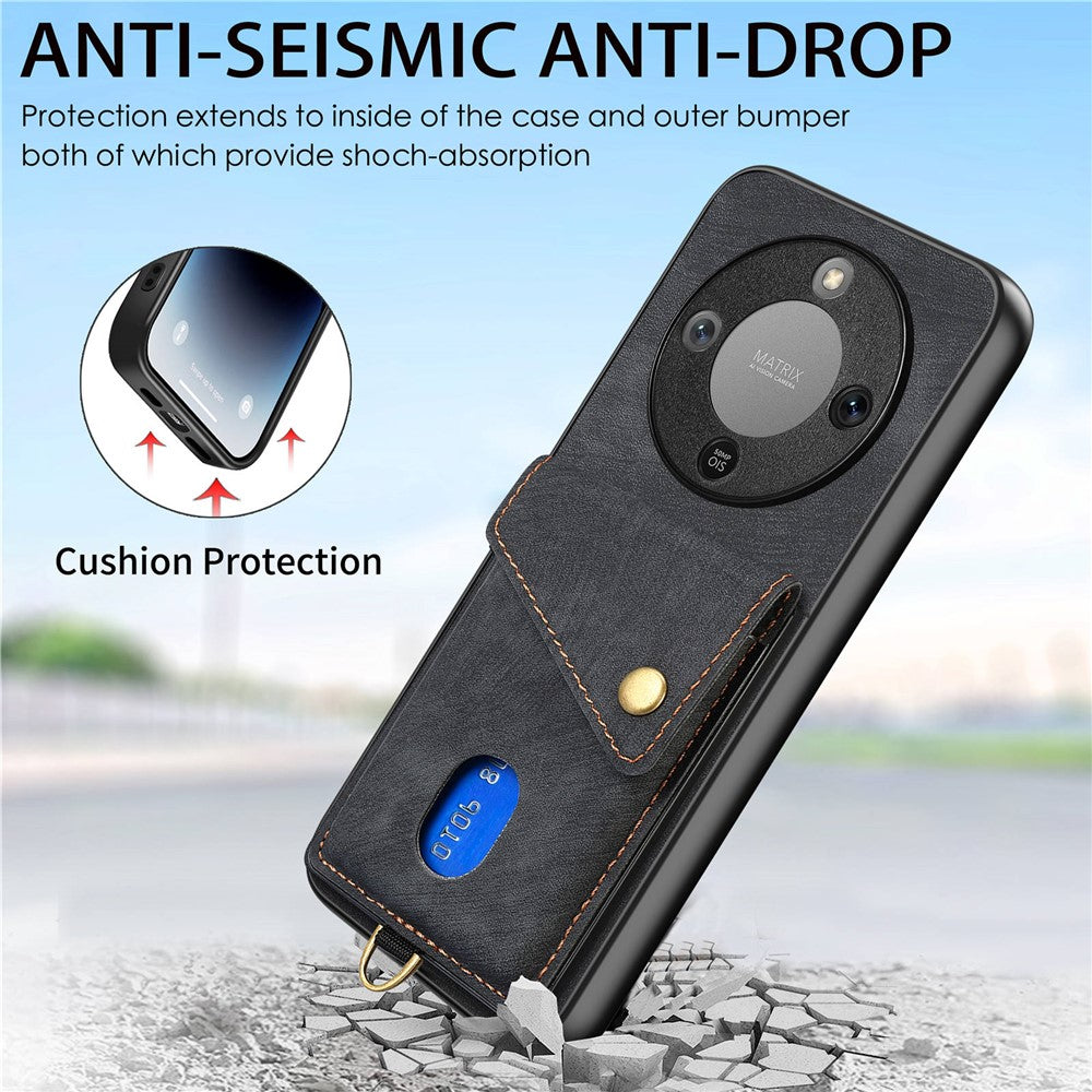 Phone Case For Honor Magic8 Lite 5G  /  X9d 5G  /  X70 5G Card Holder Kickstand Leather Back Cover with Wrist Strap