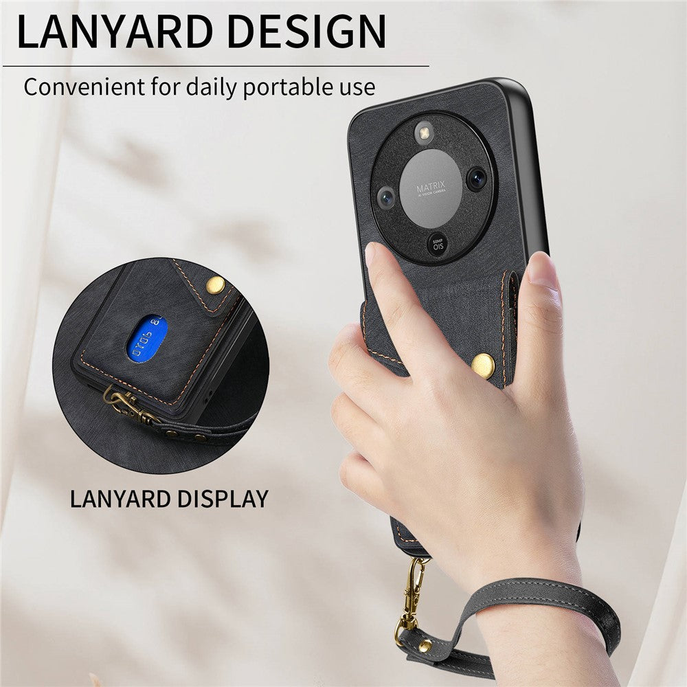 Phone Case For Honor Magic8 Lite 5G  /  X9d 5G  /  X70 5G Card Holder Kickstand Leather Back Cover with Wrist Strap