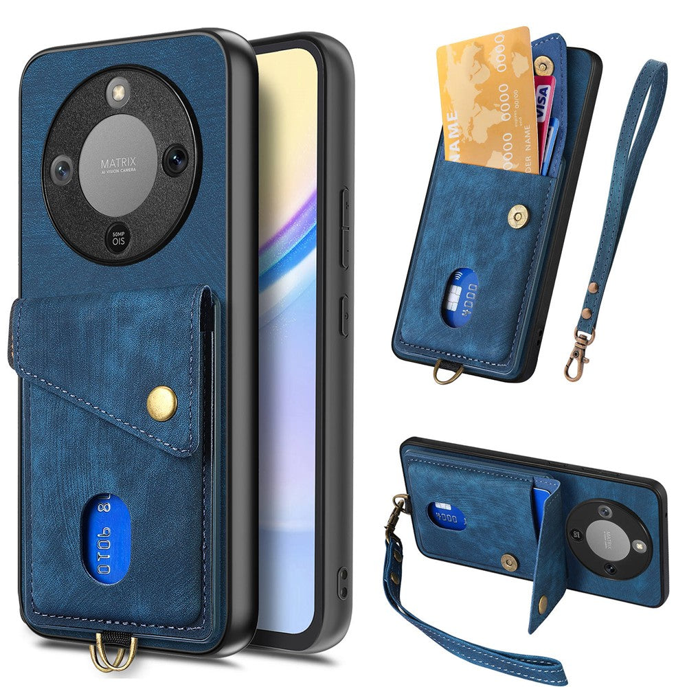 Phone Case For Honor Magic8 Lite 5G  /  X9d 5G  /  X70 5G Card Holder Kickstand Leather Back Cover with Wrist Strap