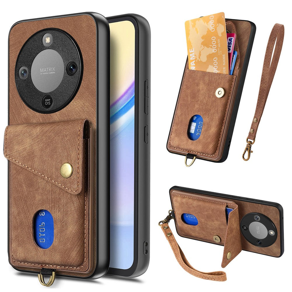 Phone Case For Honor Magic8 Lite 5G  /  X9d 5G  /  X70 5G Card Holder Kickstand Leather Back Cover with Wrist Strap