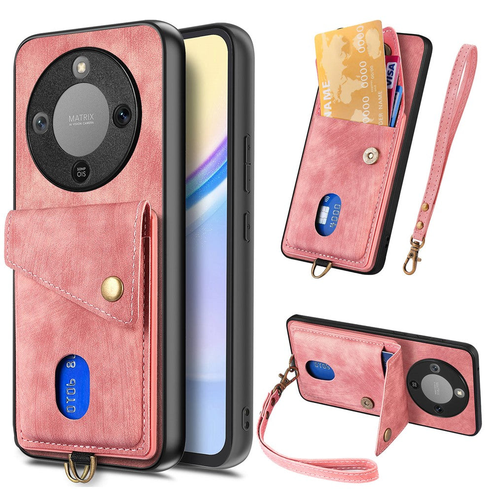 Phone Case For Honor Magic8 Lite 5G  /  X9d 5G  /  X70 5G Card Holder Kickstand Leather Back Cover with Wrist Strap