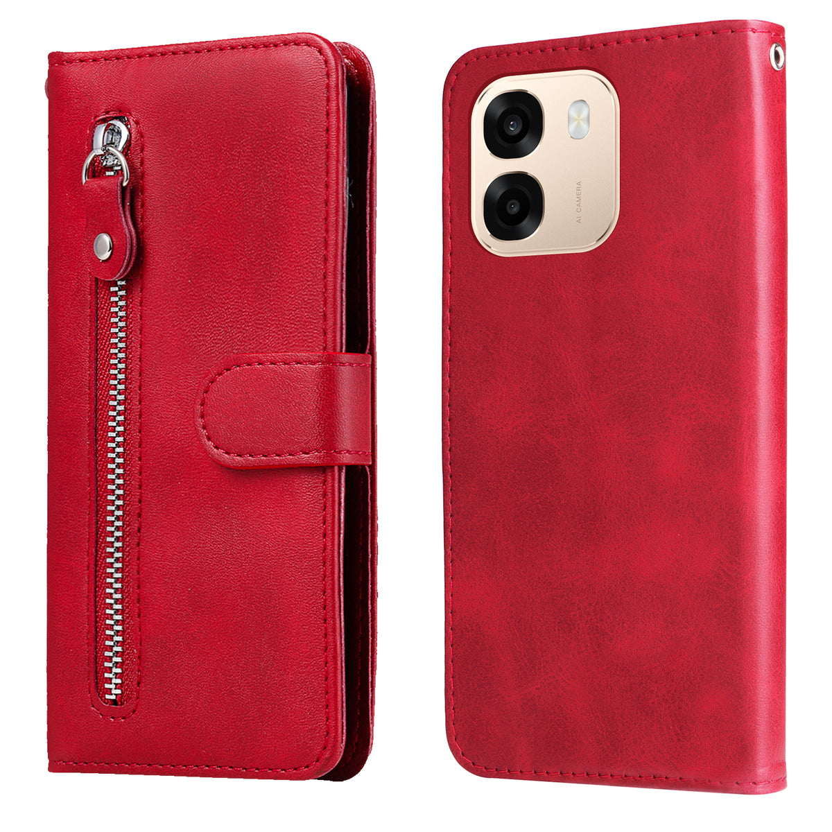 Oppo Reno15 F 5G PU-läderfodral med dragkedja i fickan, plånboksfodral, stativ