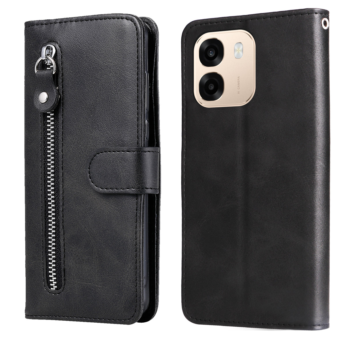Oppo Reno15 F 5G PU-läderfodral med dragkedja i fickan, plånboksfodral, stativ