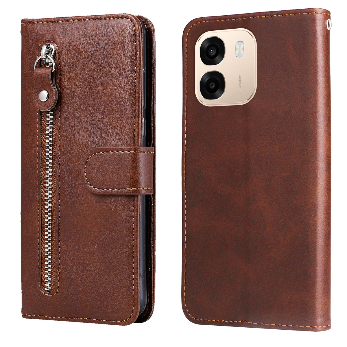 Oppo Reno15 F 5G PU-läderfodral med dragkedja i fickan, plånboksfodral, stativ