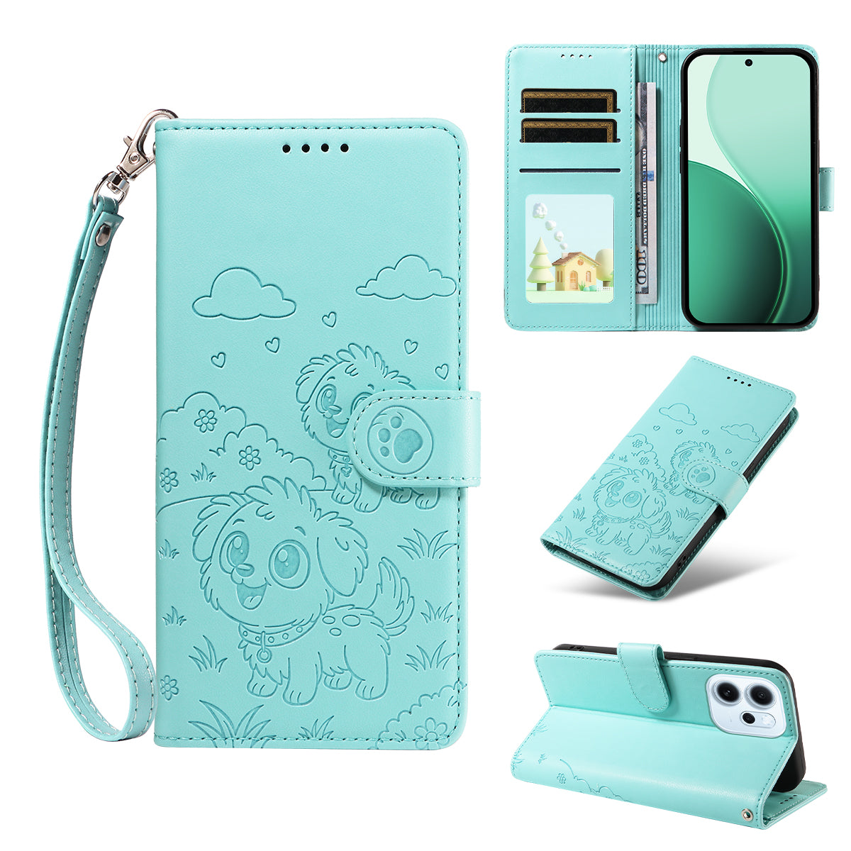 For Oppo Reno15 F 5G Case RFID Blocking Imprinted Dog Pattern PU Leather Phone Cover with Wrist Strap
