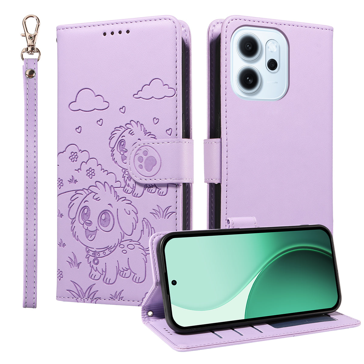 For Oppo Reno15 F 5G Case RFID Blocking Imprinted Dog Pattern PU Leather Phone Cover with Wrist Strap
