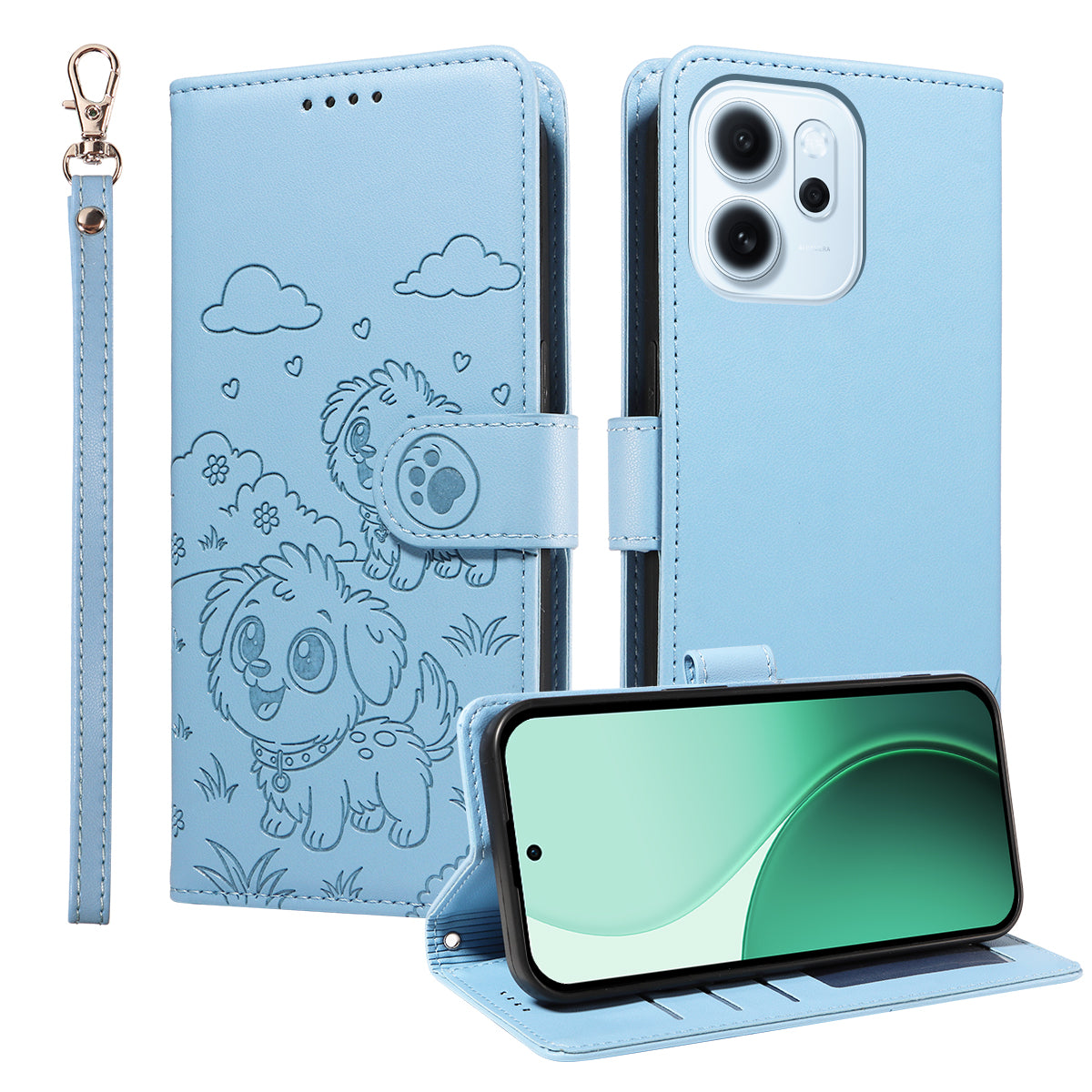 For Oppo Reno15 F 5G Case RFID Blocking Imprinted Dog Pattern PU Leather Phone Cover with Wrist Strap