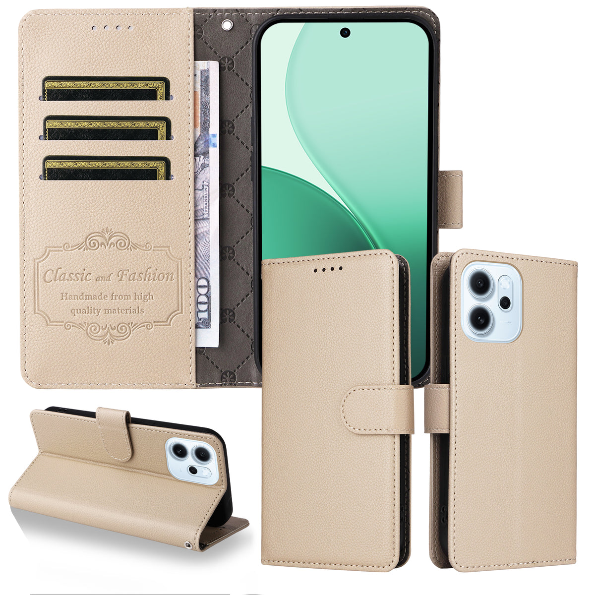 For Oppo Reno15 F 5G Case RFID Blocking 3 Card Slots PU Leather Phone Cover with Wrist Strap