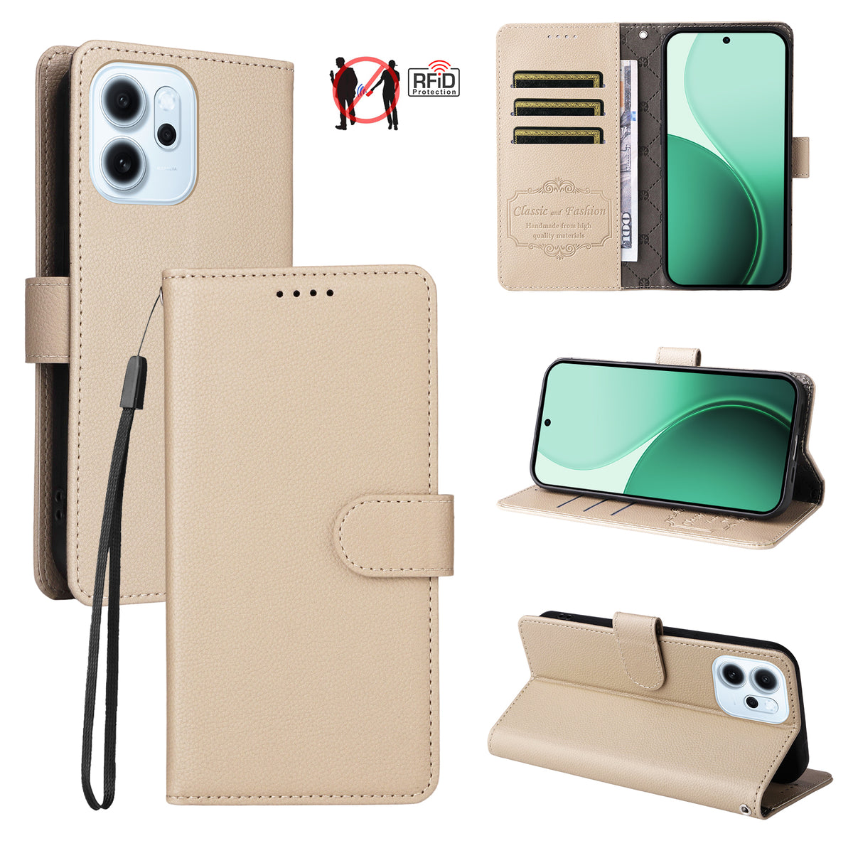 For Oppo Reno15 F 5G Case RFID Blocking 3 Card Slots PU Leather Phone Cover with Wrist Strap