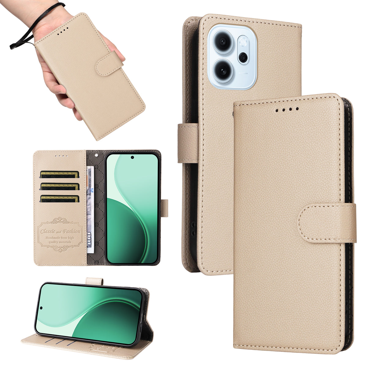 For Oppo Reno15 F 5G Case RFID Blocking 3 Card Slots PU Leather Phone Cover with Wrist Strap