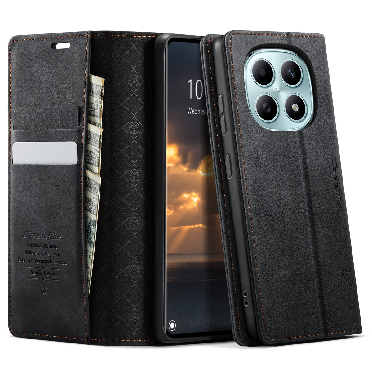 CASEME För Xiaomi Poco M8 5G / Redmi Note 15 5G (Global) Skal 033 Serien RFID-blockerande plånboksfodral i läder med kalvstruktur