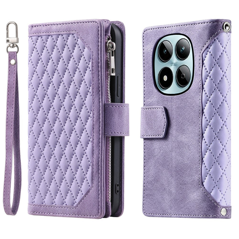 Xiaomi Redmi Note 15 Pro 4G (Global) Plånboksfodral Rhombus Sömnadslinje PU-lädermobilfodral med handledsrem