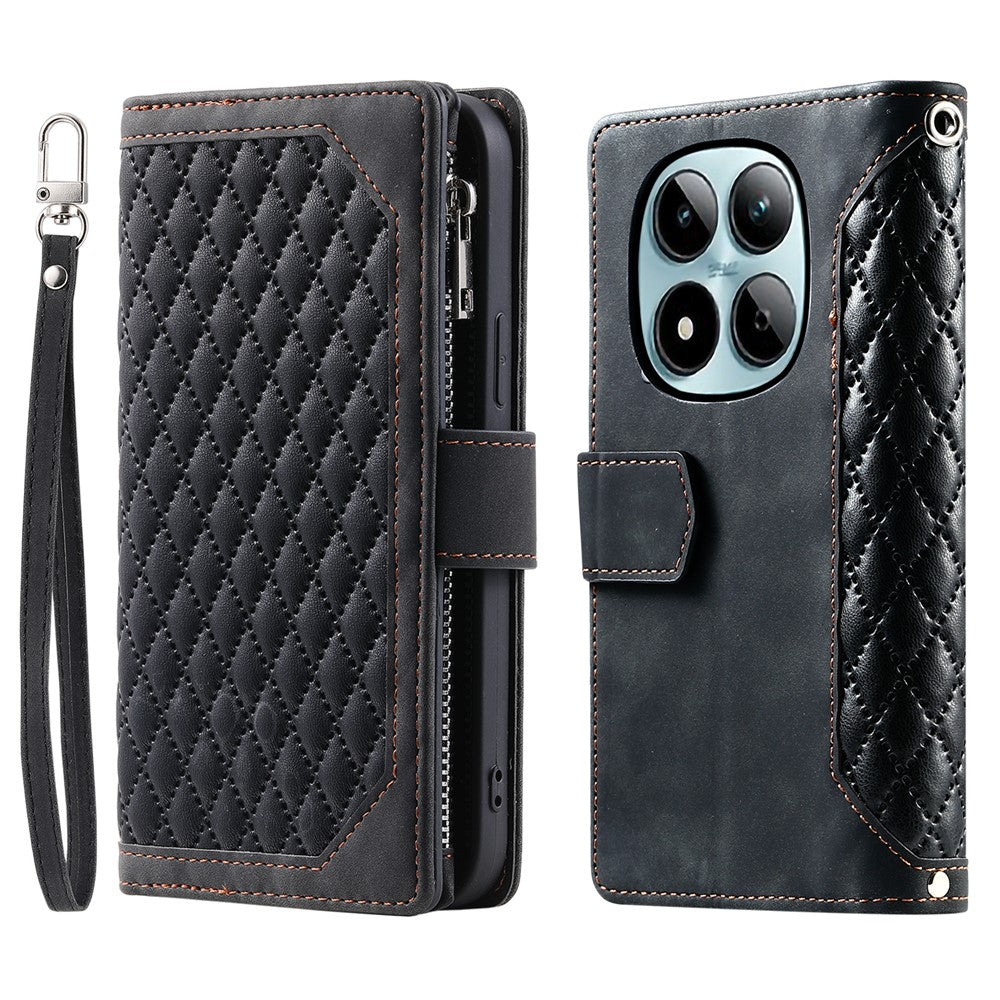 Xiaomi Redmi Note 15 Pro 4G (Global) Plånboksfodral Rhombus Sömnadslinje PU-lädermobilfodral med handledsrem
