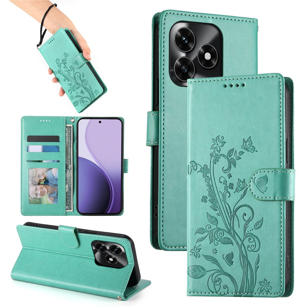 Wallet Case for Honor X5c Plus 4G  /  X5c 4G  /  Play10A 4G Butterfly Floral Imprint PU Leather Phone Cover with Wrist Strap