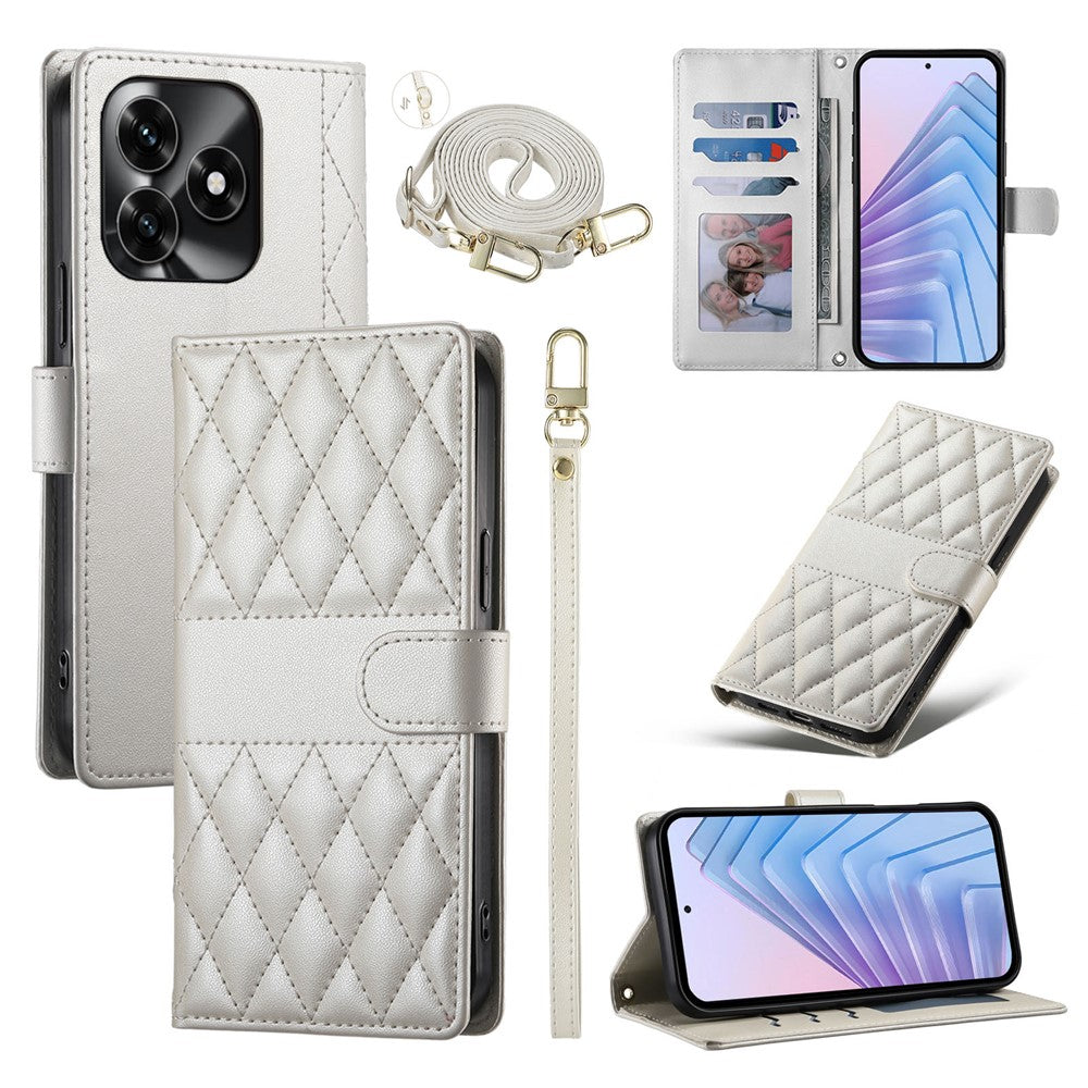 Wallet Case For Honor X5c Plus 4G  /  X5c 4G  /  Play10A 4G Rhombus Stitching Stand Leather Phone Cover with Long  /  Short Strap
