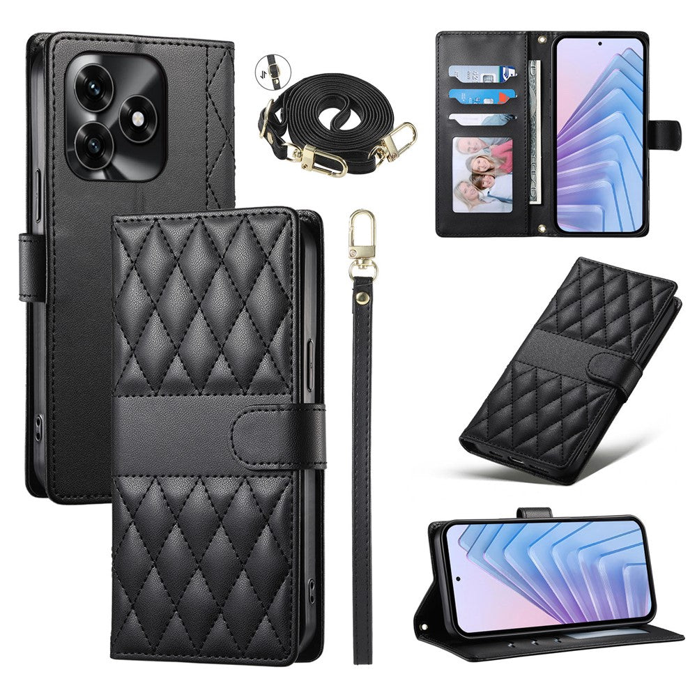 Wallet Case For Honor X5c Plus 4G  /  X5c 4G  /  Play10A 4G Rhombus Stitching Stand Leather Phone Cover with Long  /  Short Strap