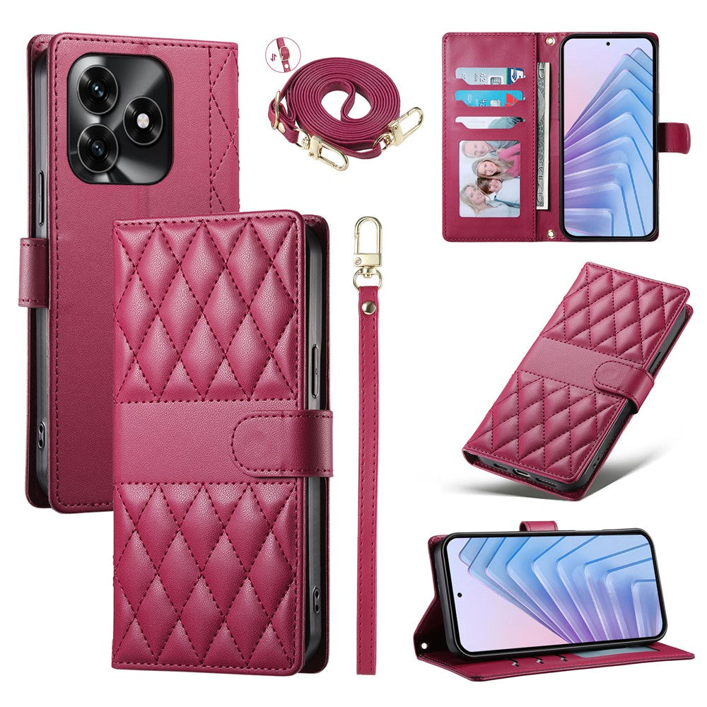 Wallet Case For Honor X5c Plus 4G  /  X5c 4G  /  Play10A 4G Rhombus Stitching Stand Leather Phone Cover with Long  /  Short Strap