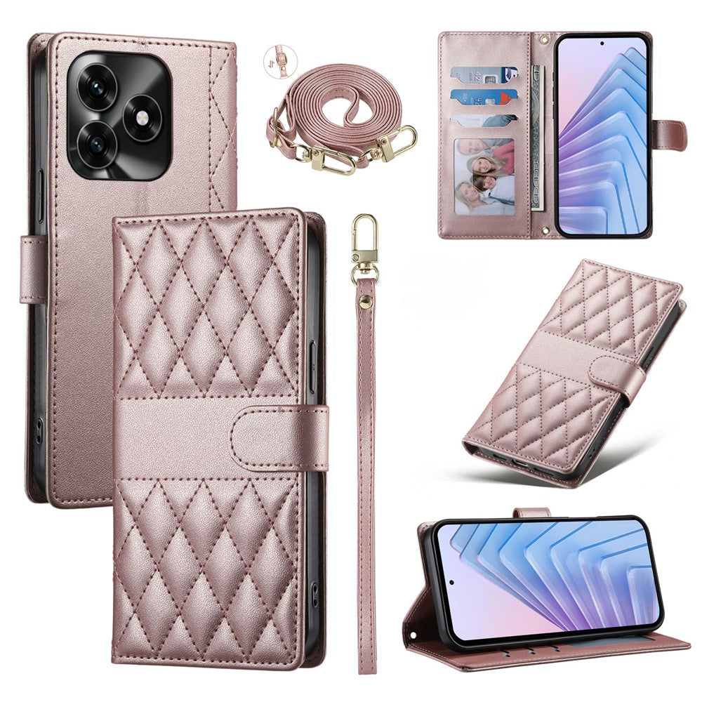 Wallet Case For Honor X5c Plus 4G  /  X5c 4G  /  Play10A 4G Rhombus Stitching Stand Leather Phone Cover with Long  /  Short Strap