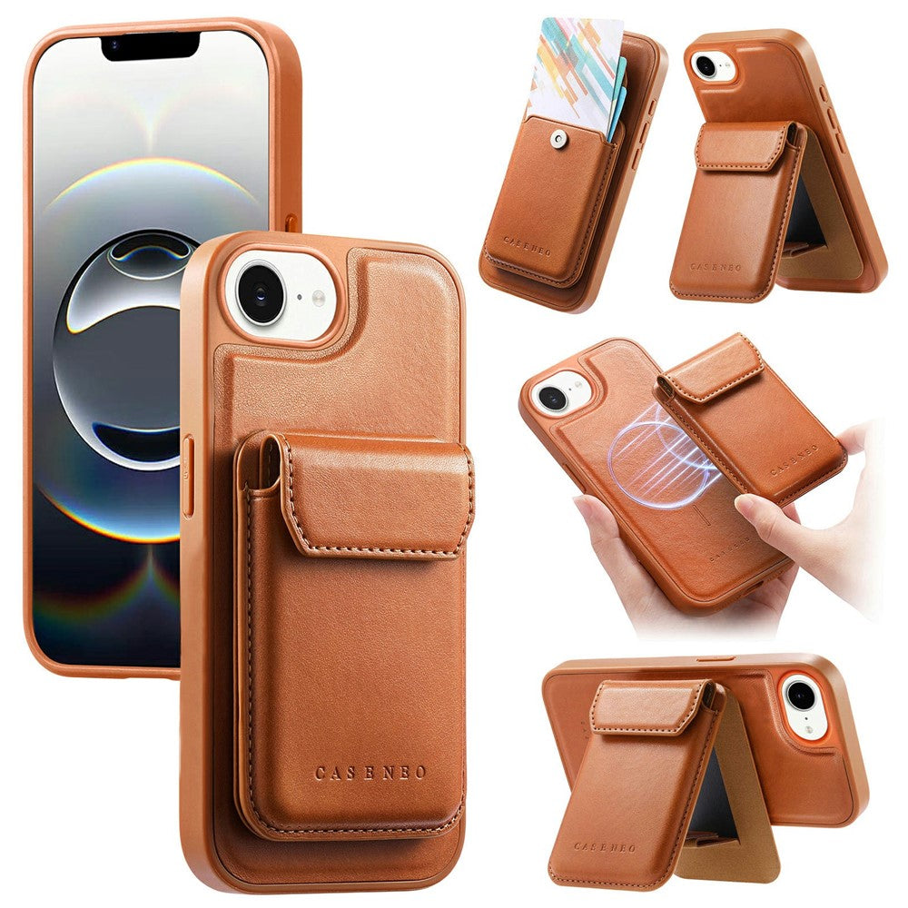 CASENEO For iPhone 17e / 16e Magnetic Case PU Leather PC Phone Cover with Detachable Card Holder Kickstand Compatible with MagSafe