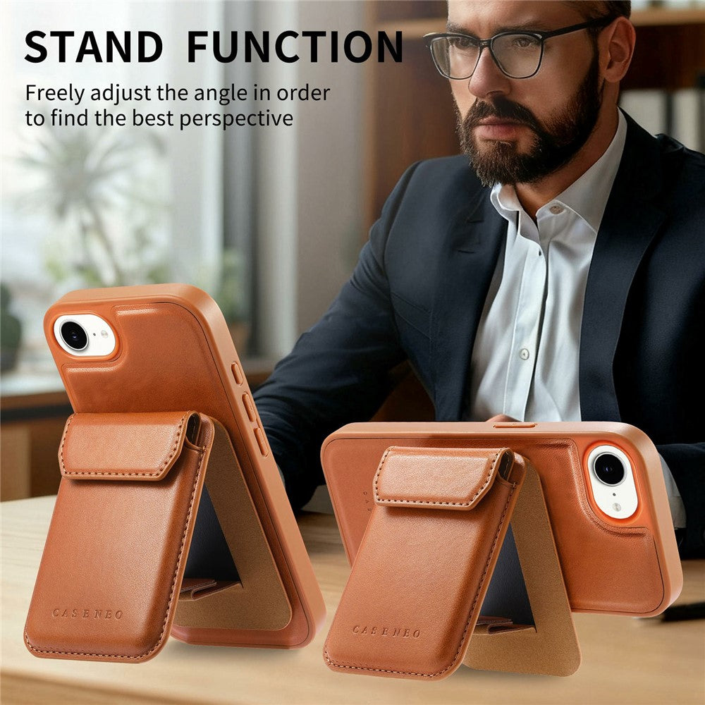CASENEO For iPhone 17e / 16e Magnetic Case PU Leather PC Phone Cover with Detachable Card Holder Kickstand Compatible with MagSafe