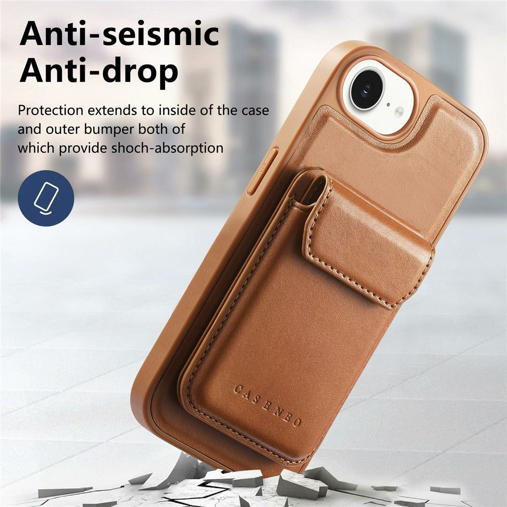 CASENEO For iPhone 17e / 16e Magnetic Case PU Leather PC Phone Cover with Detachable Card Holder Kickstand Compatible with MagSafe