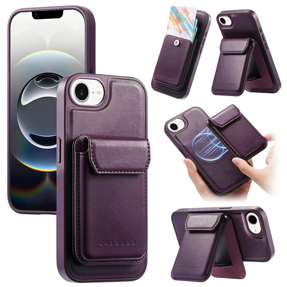 CASENEO For iPhone 17e / 16e Magnetic Case PU Leather PC Phone Cover with Detachable Card Holder Kickstand Compatible with MagSafe