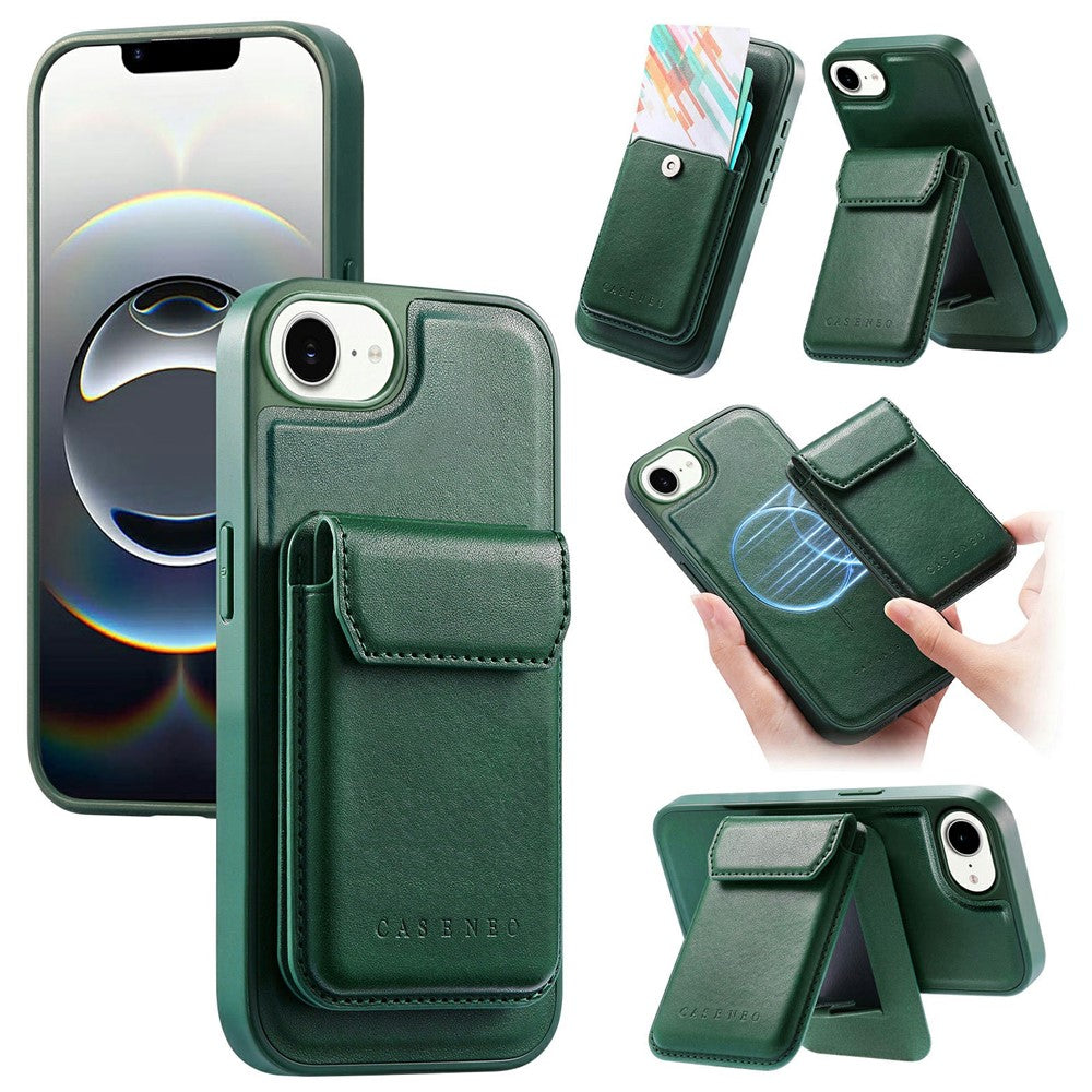 CASENEO For iPhone 17e / 16e Magnetic Case PU Leather PC Phone Cover with Detachable Card Holder Kickstand Compatible with MagSafe