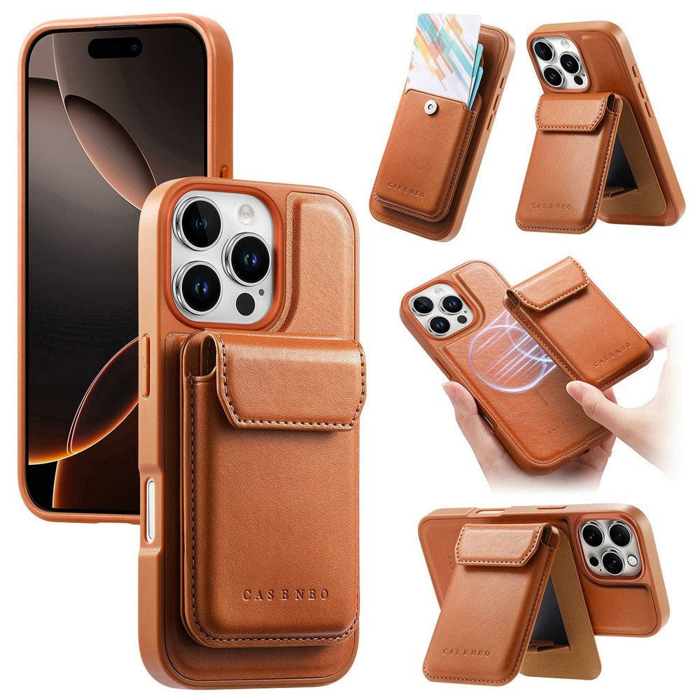CASENEO For iPhone 16 Pro Max Magnetic Case PU Leather PC Phone Cover with Detachable Card Holder Kickstand Compatible with MagSafe