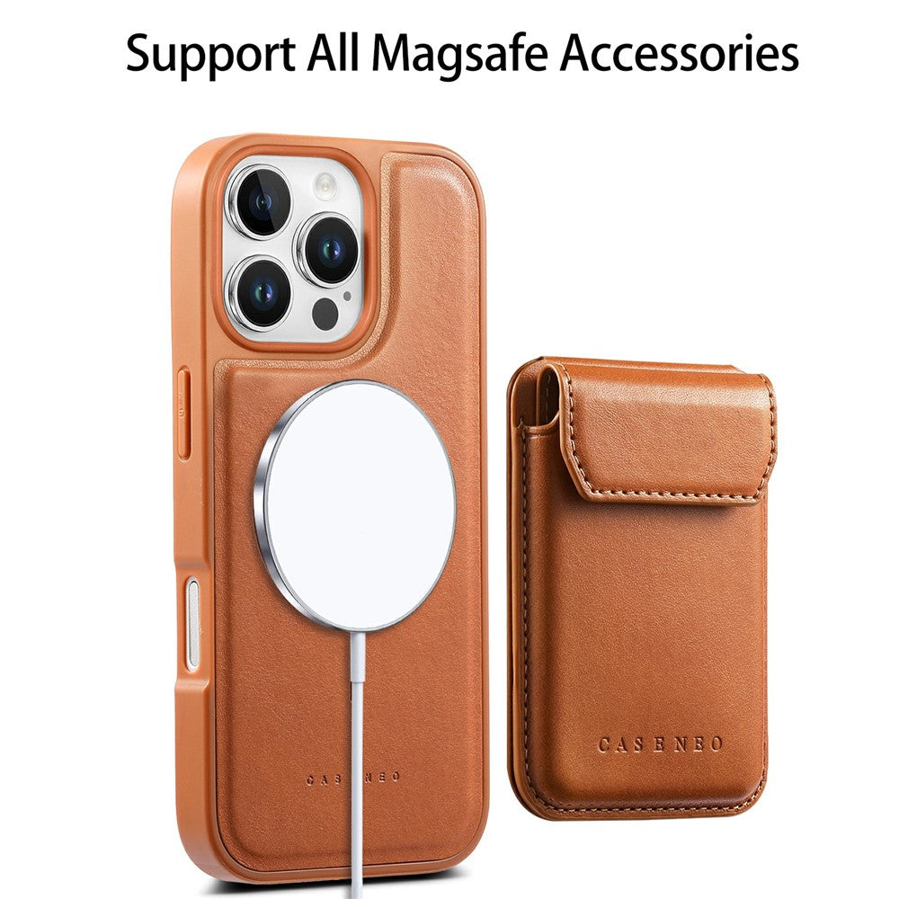 CASENEO For iPhone 16 Pro Max Magnetic Case PU Leather PC Phone Cover with Detachable Card Holder Kickstand Compatible with MagSafe