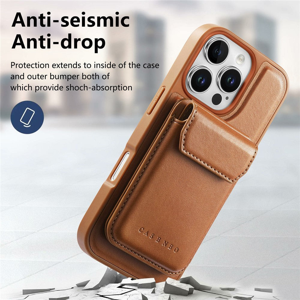 CASENEO For iPhone 16 Pro Max Magnetic Case PU Leather PC Phone Cover with Detachable Card Holder Kickstand Compatible with MagSafe