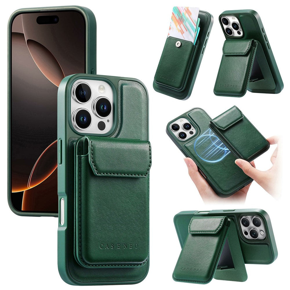 CASENEO For iPhone 16 Pro Max Magnetic Case PU Leather PC Phone Cover with Detachable Card Holder Kickstand Compatible with MagSafe