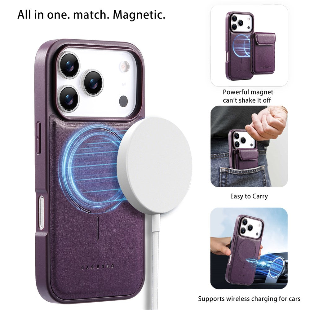 CASENEO Magnetiskt fodral för iPhone 18 Pro / 17 Pro PU-läder PC-mobilskal med avtagbart korthållare, stöd, kompatibelt med MagSafe