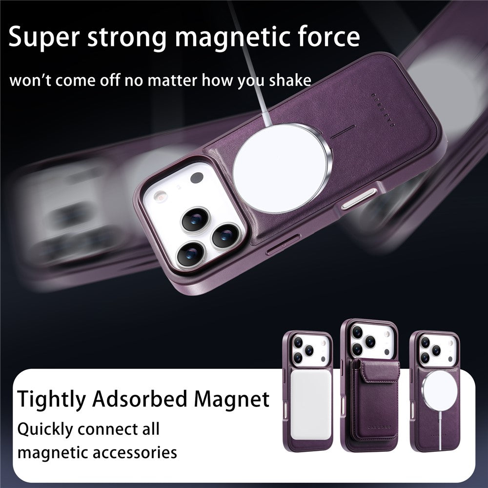 CASENEO Magnetiskt fodral för iPhone 18 Pro / 17 Pro PU-läder PC-mobilskal med avtagbart korthållare, stöd, kompatibelt med MagSafe