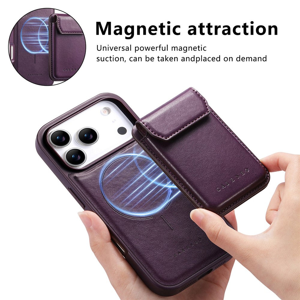 CASENEO Magnetiskt fodral för iPhone 18 Pro / 17 Pro PU-läder PC-mobilskal med avtagbart korthållare, stöd, kompatibelt med MagSafe