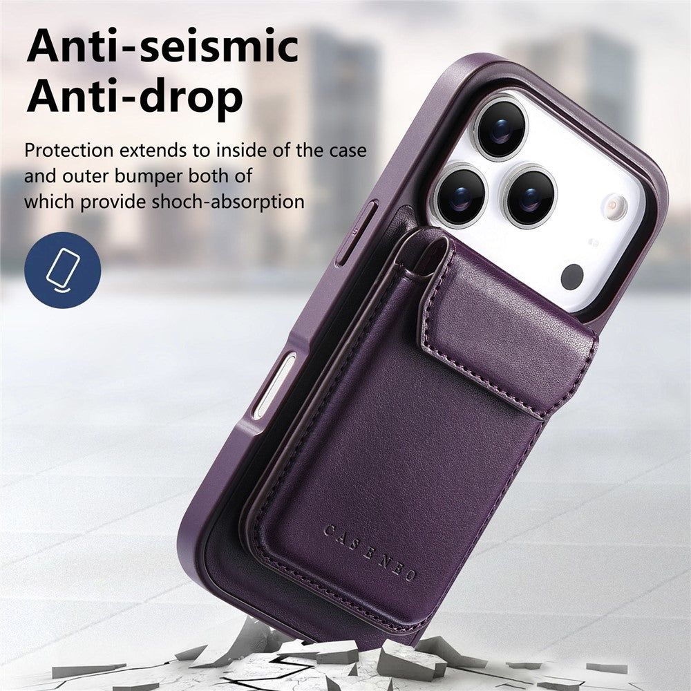 CASENEO Magnetiskt fodral för iPhone 18 Pro / 17 Pro PU-läder PC-mobilskal med avtagbart korthållare, stöd, kompatibelt med MagSafe