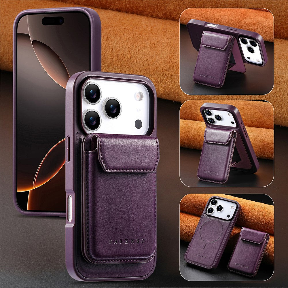 CASENEO Magnetiskt fodral för iPhone 18 Pro / 17 Pro PU-läder PC-mobilskal med avtagbart korthållare, stöd, kompatibelt med MagSafe