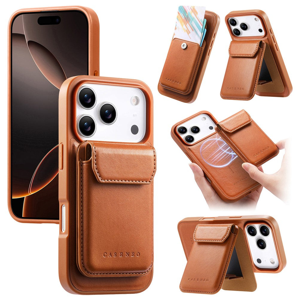 CASENEO Magnetiskt fodral för iPhone 18 Pro / 17 Pro PU-läder PC-mobilskal med avtagbart korthållare, stöd, kompatibelt med MagSafe