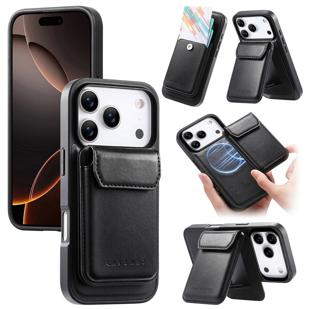 CASENEO Magnetiskt fodral för iPhone 18 Pro / 17 Pro PU-läder PC-mobilskal med avtagbart korthållare, stöd, kompatibelt med MagSafe
