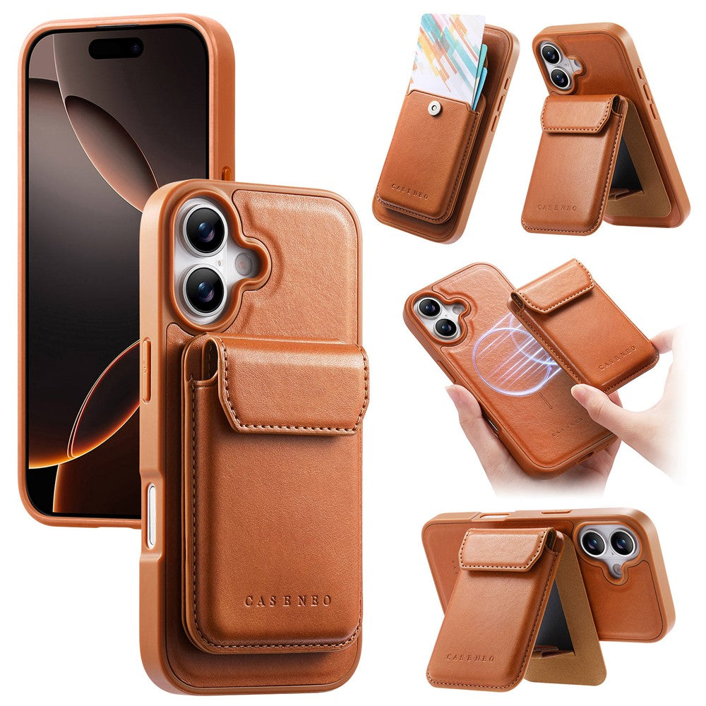 CASENEO Magnetiskt fodral för iPhone 17, PU-läder, PC-fodral med avtagbart korthållare, stöd, kompatibelt med MagSafe