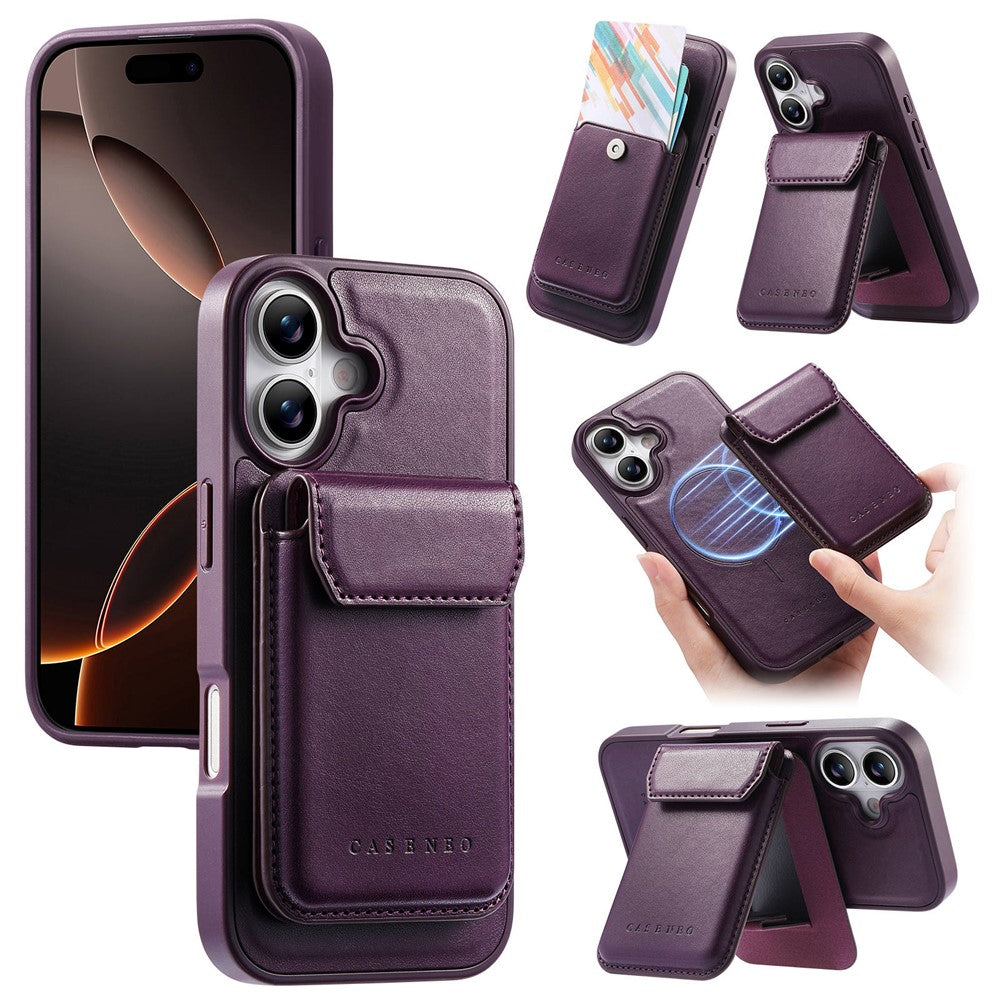 CASENEO For iPhone 17 Magnetic Case PU Leather PC Phone Cover with Detachable Card Holder Kickstand Compatible with MagSafe