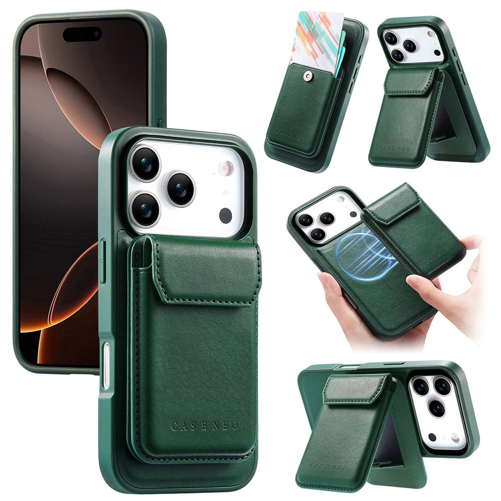 CASENEO för iPhone 18 Pro Max / 17 Pro Max magnetiskt fodral i PU-läder PC-telefonfodral med avtagbar korthållare och stöd kompatibel med MagSafe