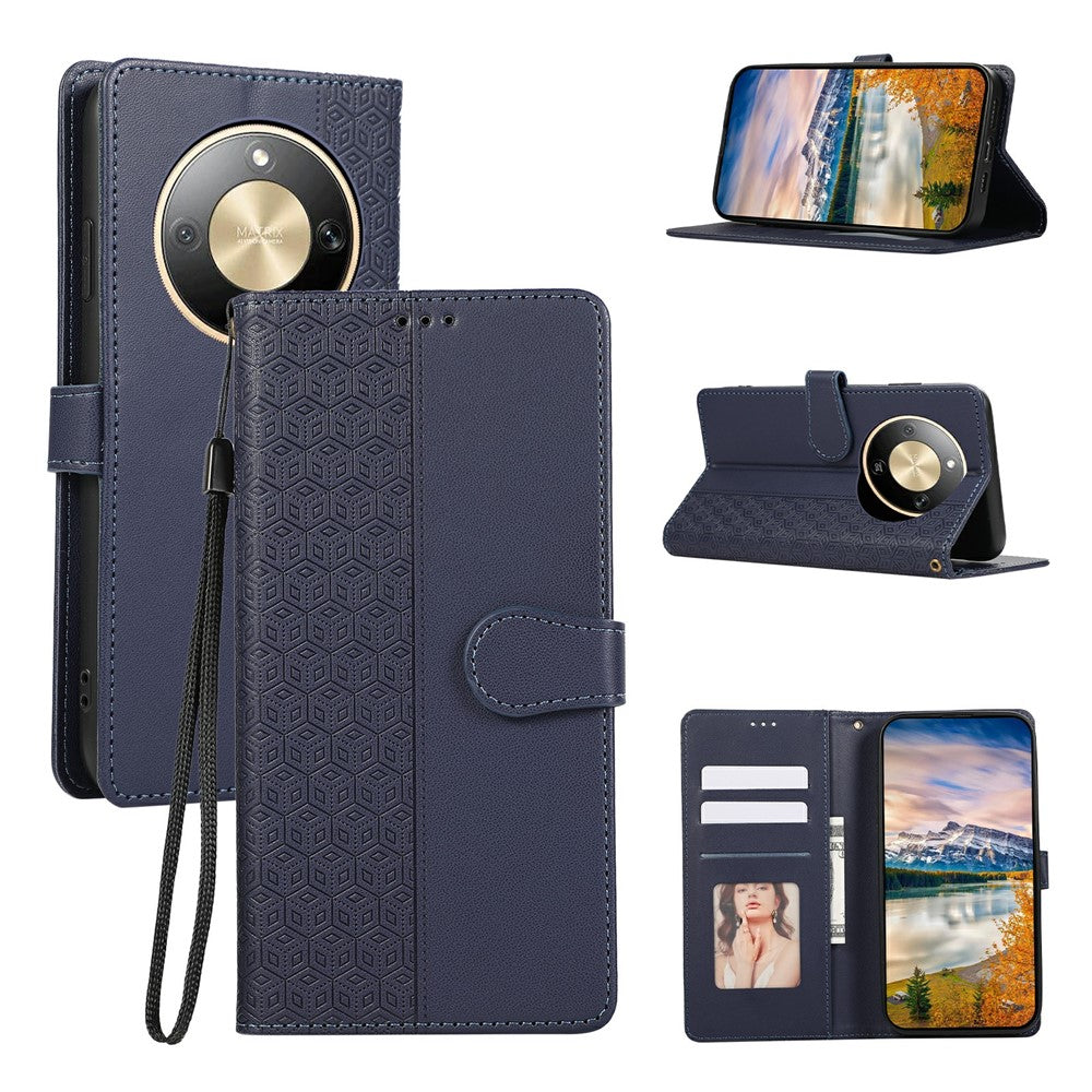 Phone Case For Honor Magic8 Lite 5G  /  X9d 5G  /  X70 5G Splicing Imprinted Rhombus Leather Cover with Wrist Strap