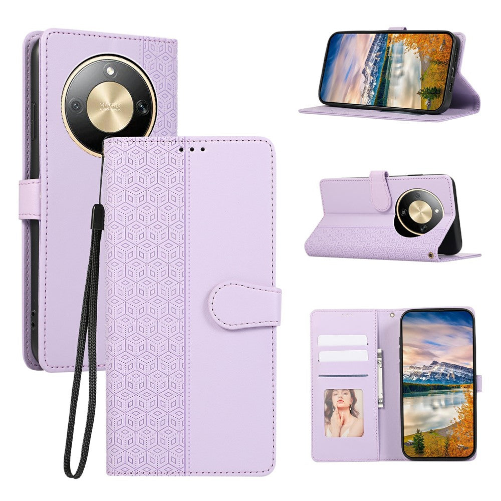 Phone Case For Honor Magic8 Lite 5G  /  X9d 5G  /  X70 5G Splicing Imprinted Rhombus Leather Cover with Wrist Strap