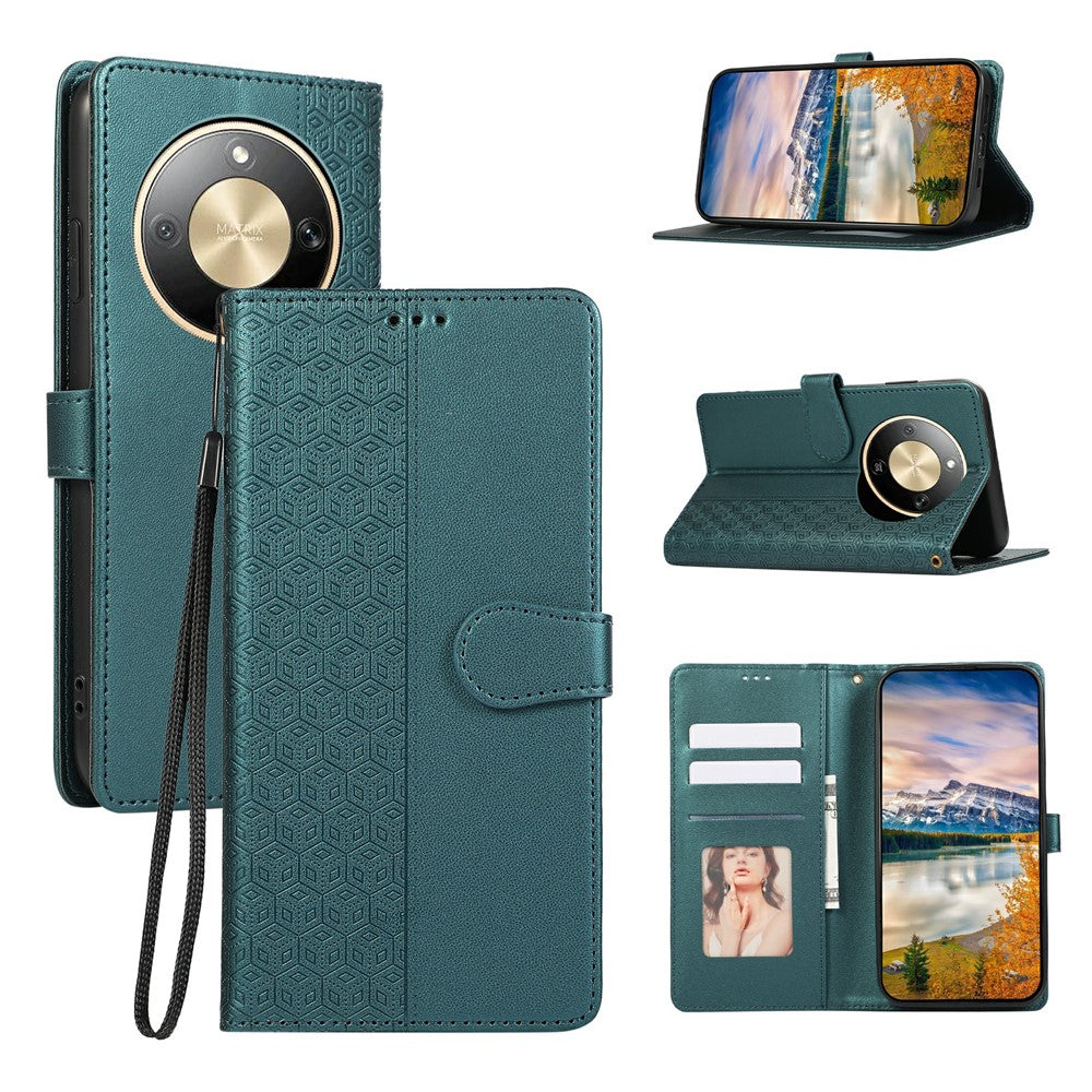 Phone Case For Honor Magic8 Lite 5G  /  X9d 5G  /  X70 5G Splicing Imprinted Rhombus Leather Cover with Wrist Strap