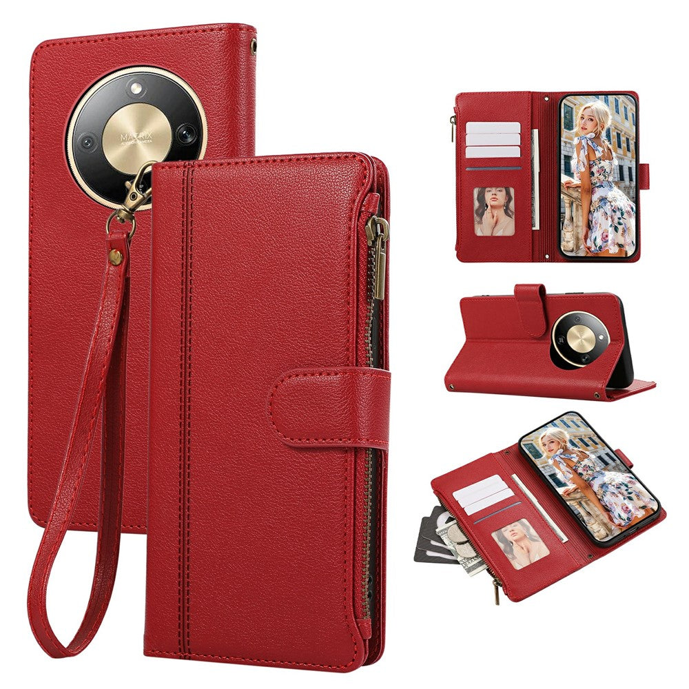 Phone Case For Honor Magic8 Lite 5G  /  X9d 5G  /  X70 5G Multi Card Slots Zipper Leather Phone Cover with Wrist Strap
