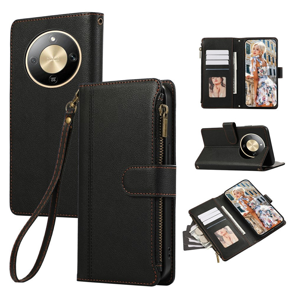 Phone Case For Honor Magic8 Lite 5G  /  X9d 5G  /  X70 5G Multi Card Slots Zipper Leather Phone Cover with Wrist Strap
