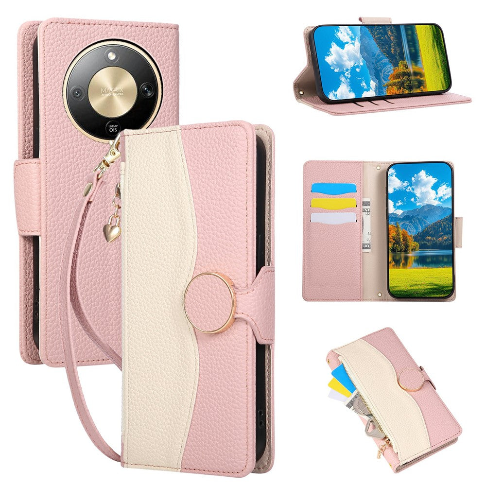 Phone Case For Honor Magic8 Lite 5G  /  X9d 5G  /  X70 5G Zipper Wallet Color Splicing TPU PU Leather Flip Phone Cover with Strap
